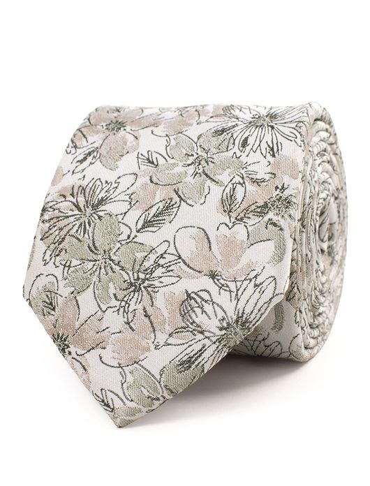 Tresanti zijden stropdas crème met beige en groen bloemendessin