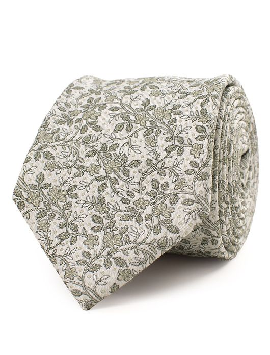 Tresanti zijden stropdas crème met groen rankdessin