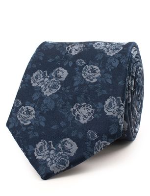 Tresanti Tresanti zijden stropdas donkerblauw met rozen