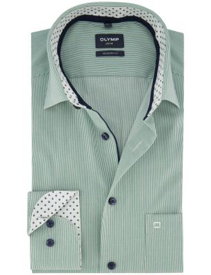 Olymp Olymp overhemd groen wit gestreept semi-wide collar 100% katoen