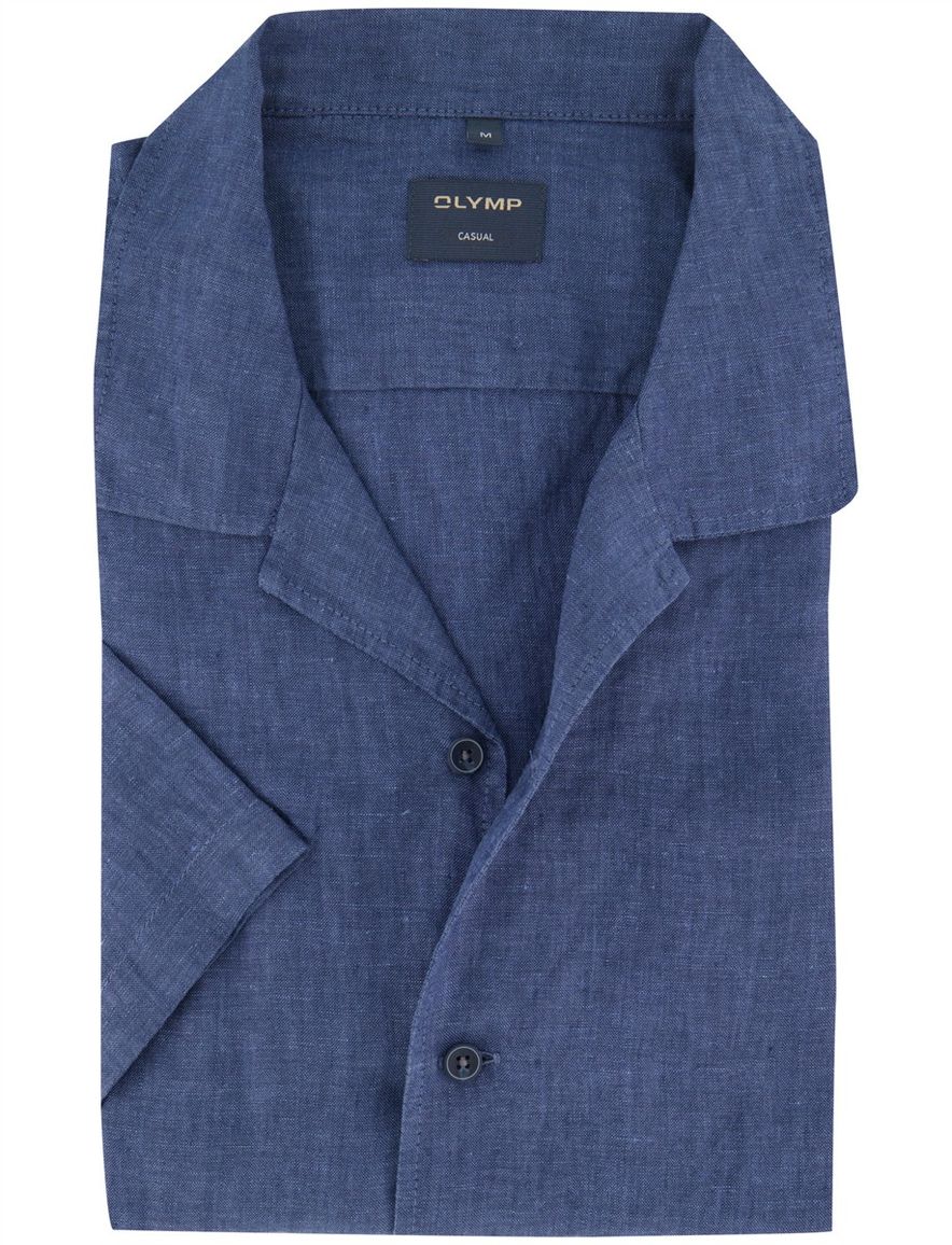 Blauw linnen overhemd Olymp gemeleerd korte mouw