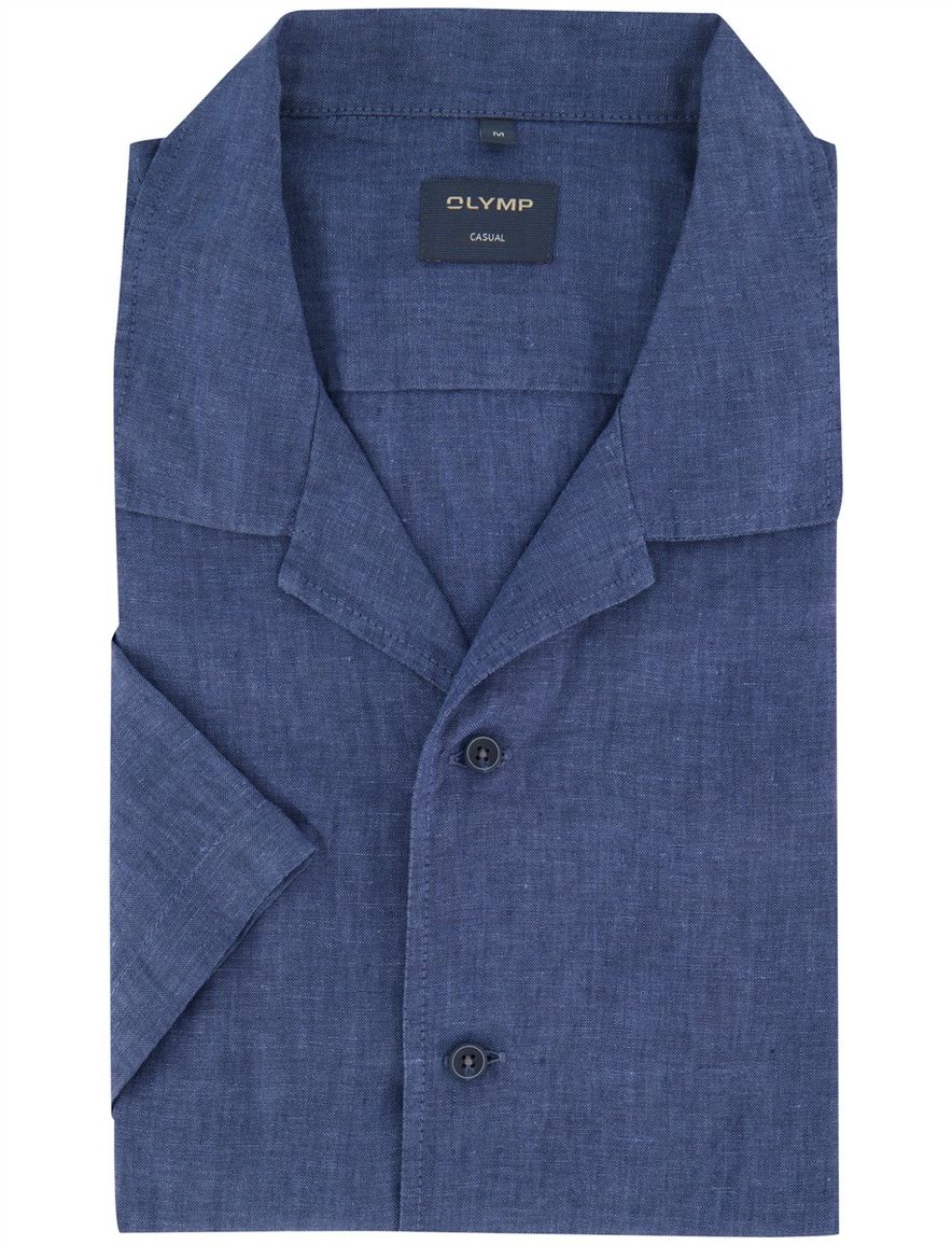 Blauw linnen overhemd Olymp gemeleerd korte mouw