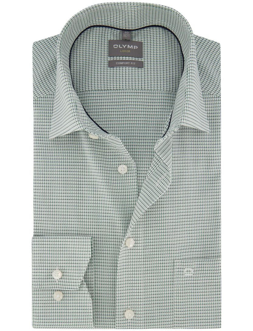 Overhemd Olymp groen geprint borstzak wijde fit stijkvrij