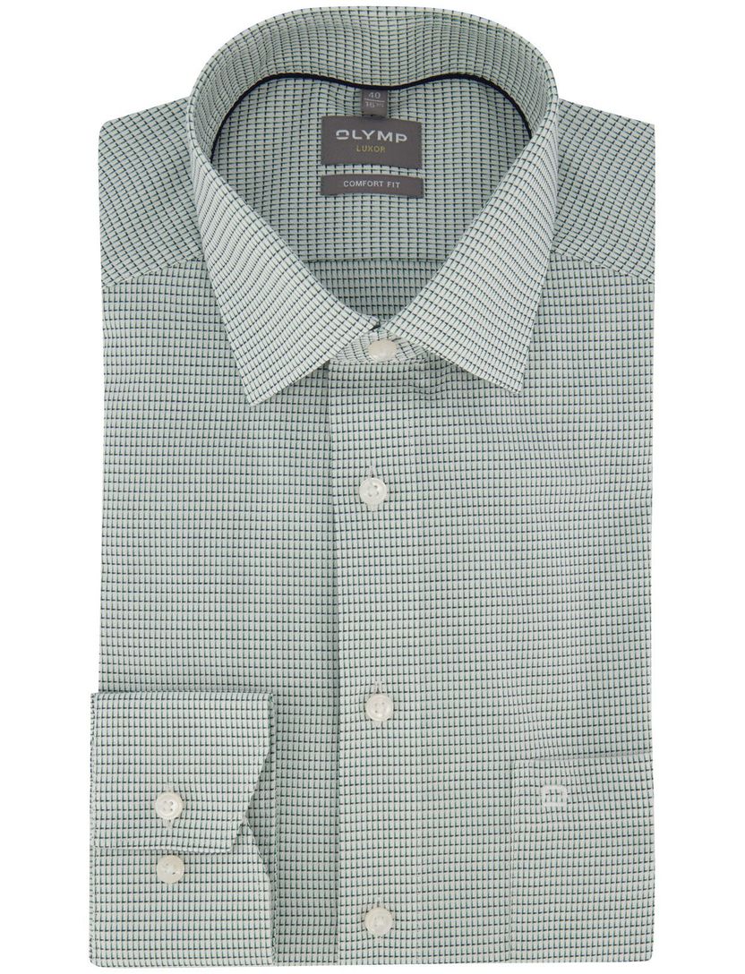 Overhemd Olymp groen geprint borstzak wijde fit stijkvrij
