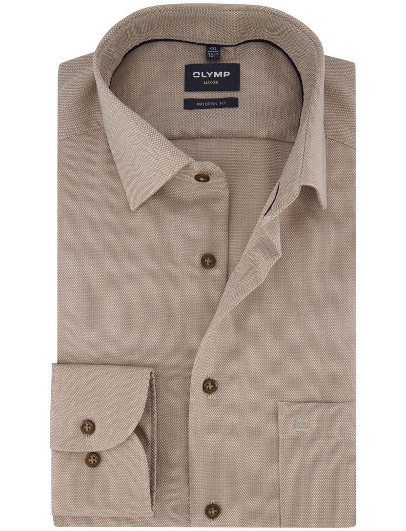 bruin overhemd Olymp semi-wide collar 100% katoen normale fit