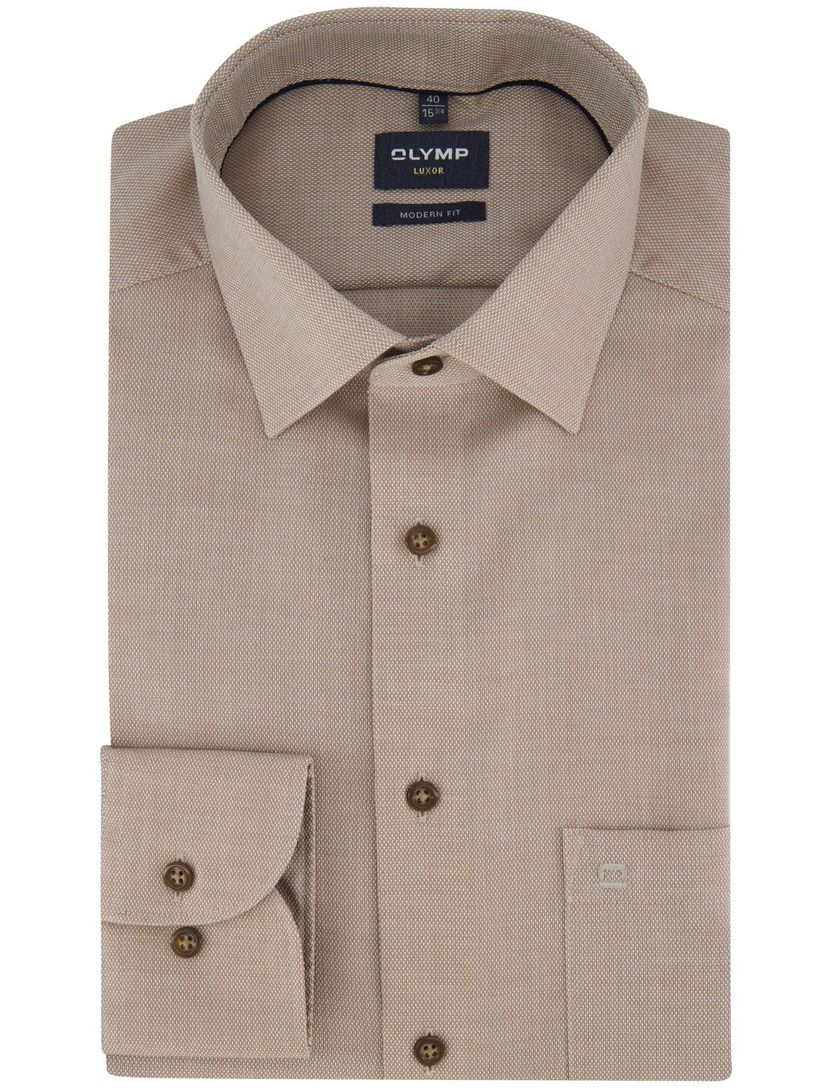 bruin overhemd Olymp semi-wide collar 100% katoen normale fit