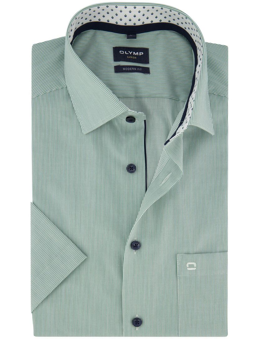 Modern fit Olymp groen gestreept korte mouw met borstzak