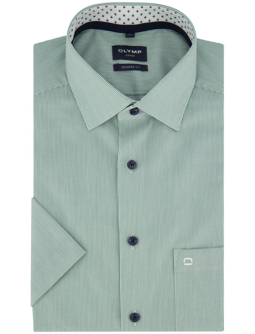 Modern fit Olymp groen gestreept korte mouw met borstzak