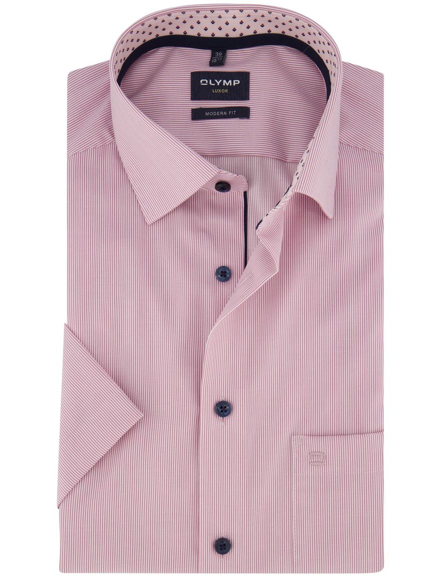 Overhemd korte mouw roze gestreept Olymp strijkvrij wide collar