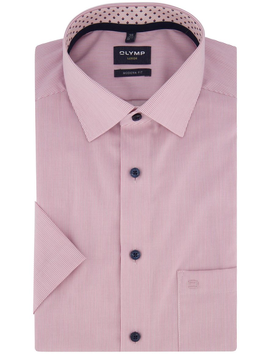 Overhemd korte mouw roze gestreept Olymp strijkvrij wide collar