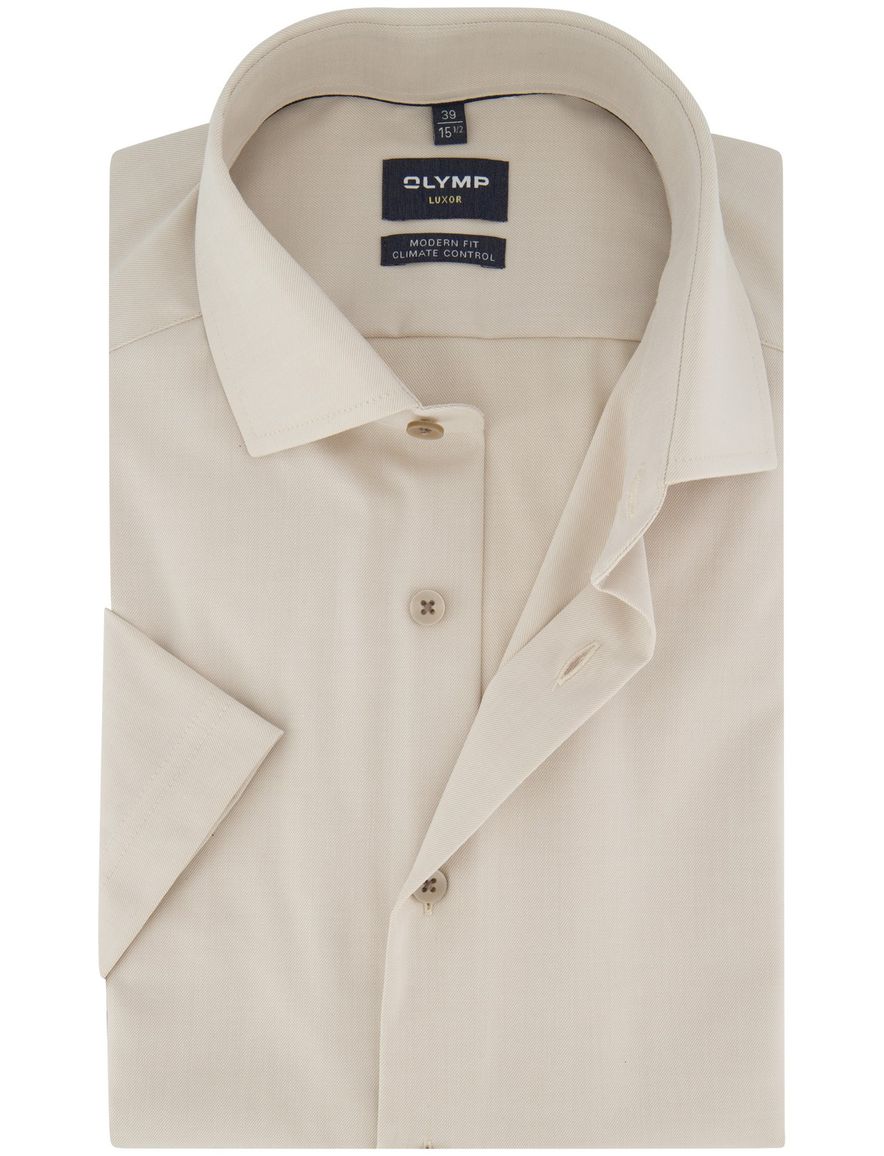 Overhemd korte mouw beige Olymp modern fit strijkvrij 100% katoen