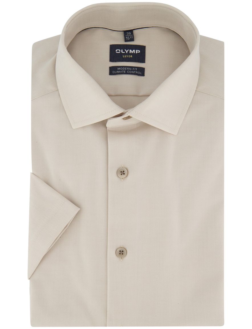 Overhemd korte mouw beige Olymp modern fit strijkvrij 100% katoen