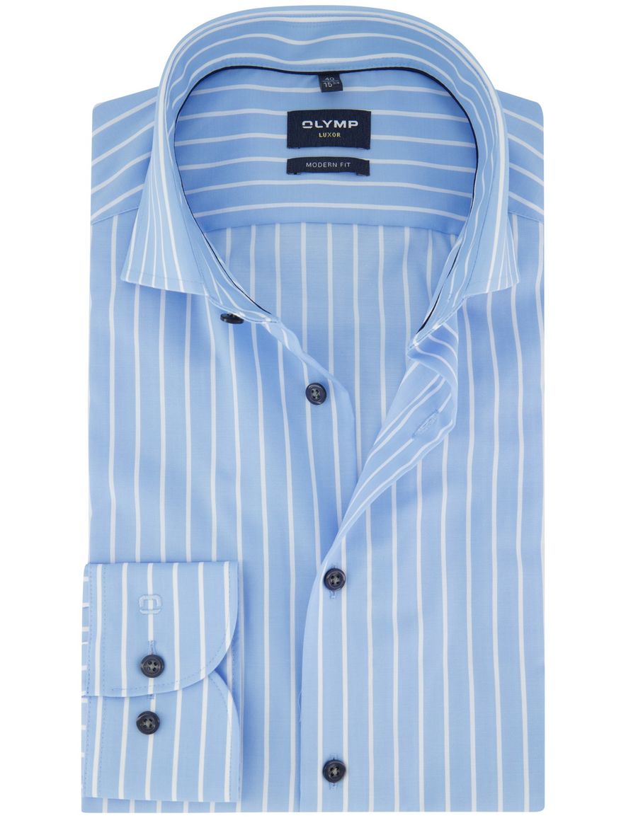 Olymp overhemd blauw gestreept mouwlengte 7 strijkvrij