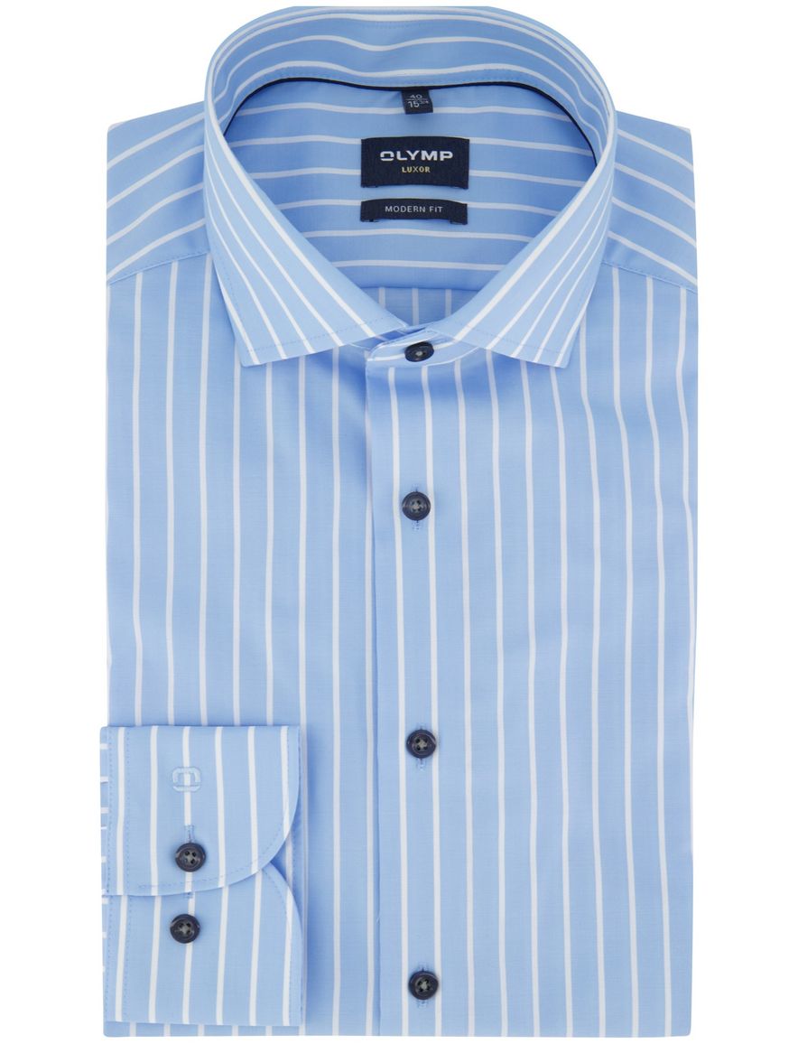 Olymp overhemd blauw gestreept mouwlengte 7 strijkvrij