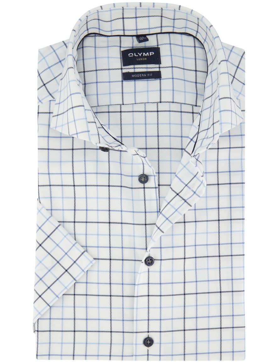 Olymp overhemd wit geruit korte mouw wide spread boord
