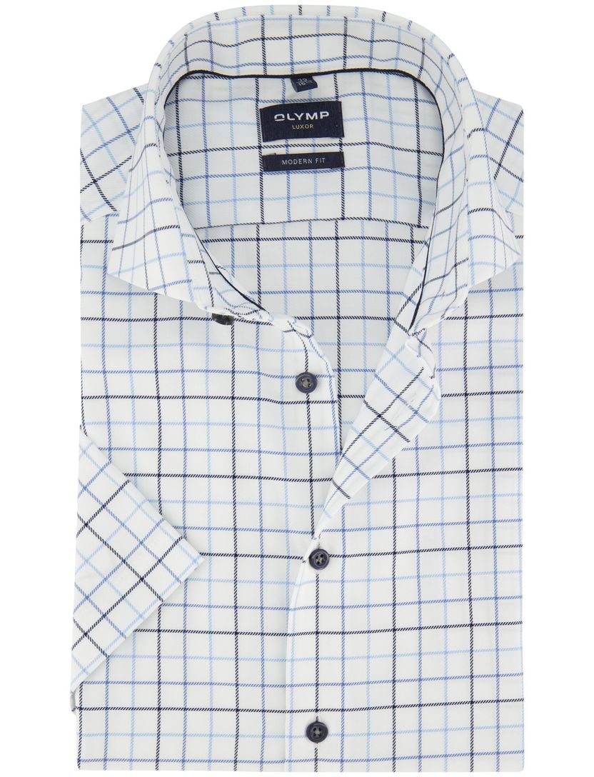 Overhemd Olymp wit geruit korte mouw strijkvrij normale fit