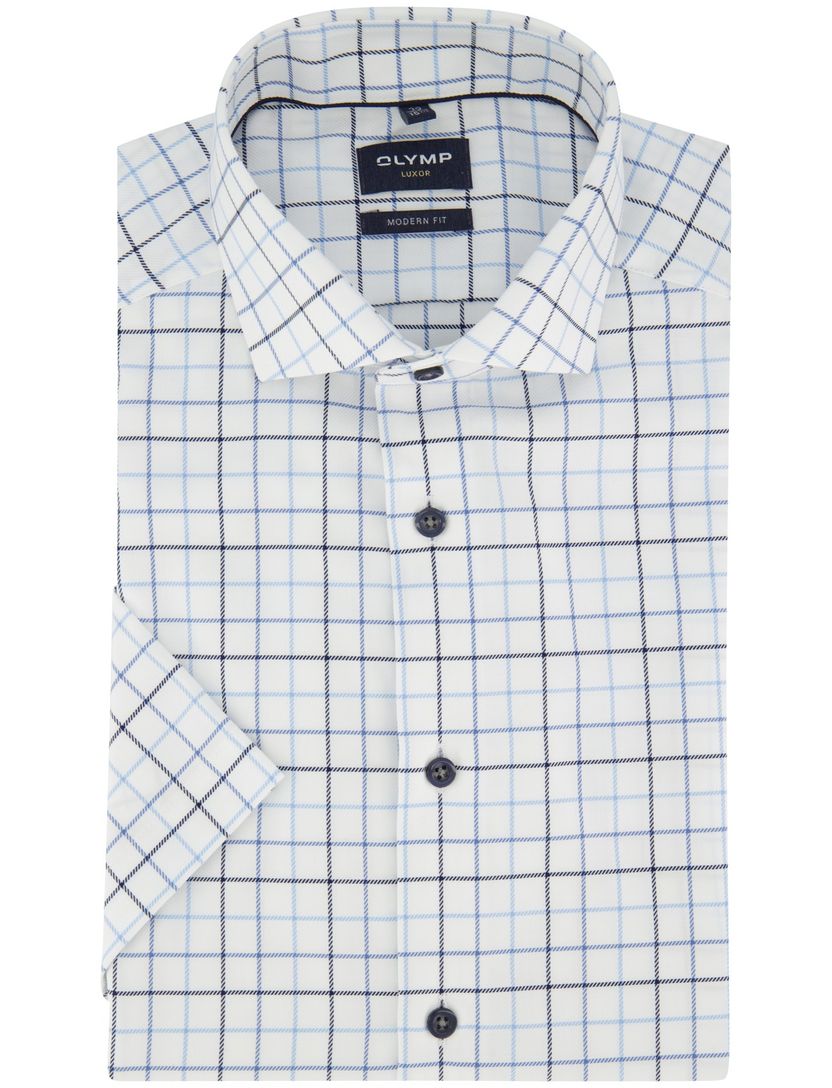 Overhemd Olymp wit geruit korte mouw strijkvrij normale fit