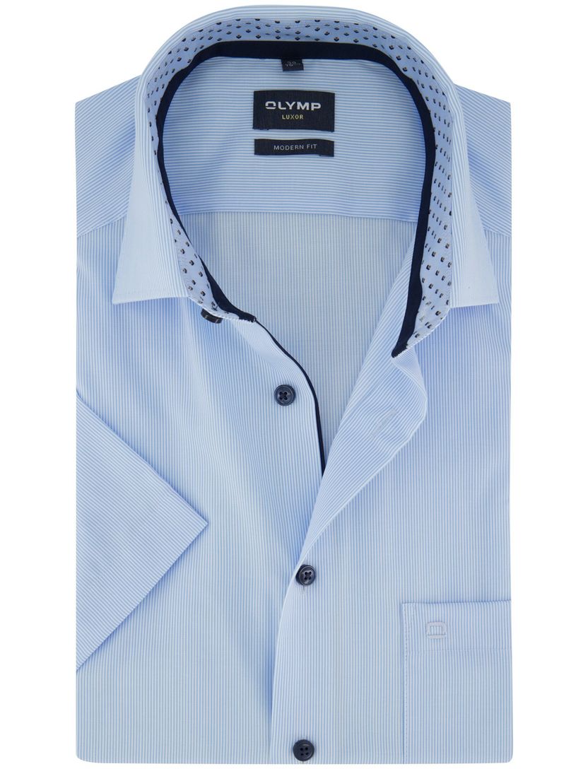 Overhemd Olymp blauw streepjes korte mouw strijkvrij normale fit