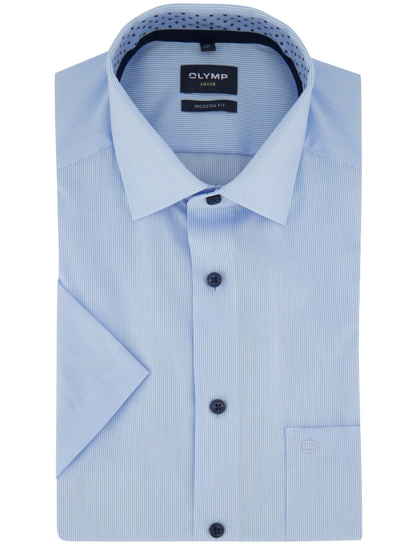 Overhemd Olymp blauw streepjes korte mouw strijkvrij normale fit