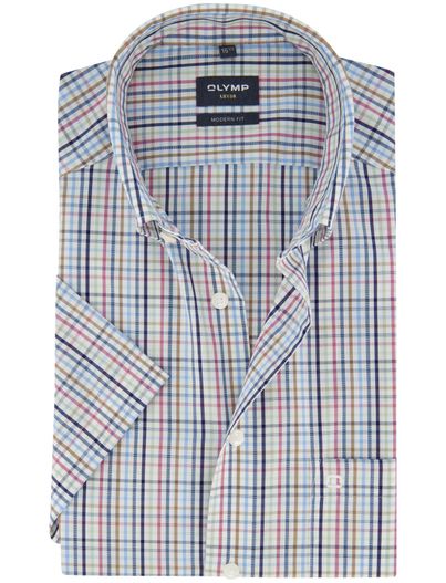 Olymp Korte mouw overhemd Olymp multicolor geruit borstzak strijkvrij