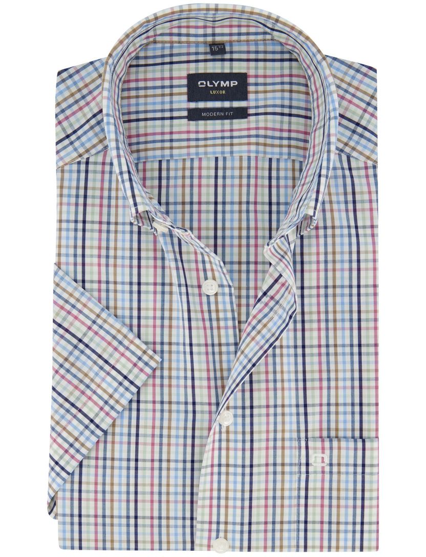 Korte mouw overhemd Olymp multicolor geruit borstzak strijkvrij