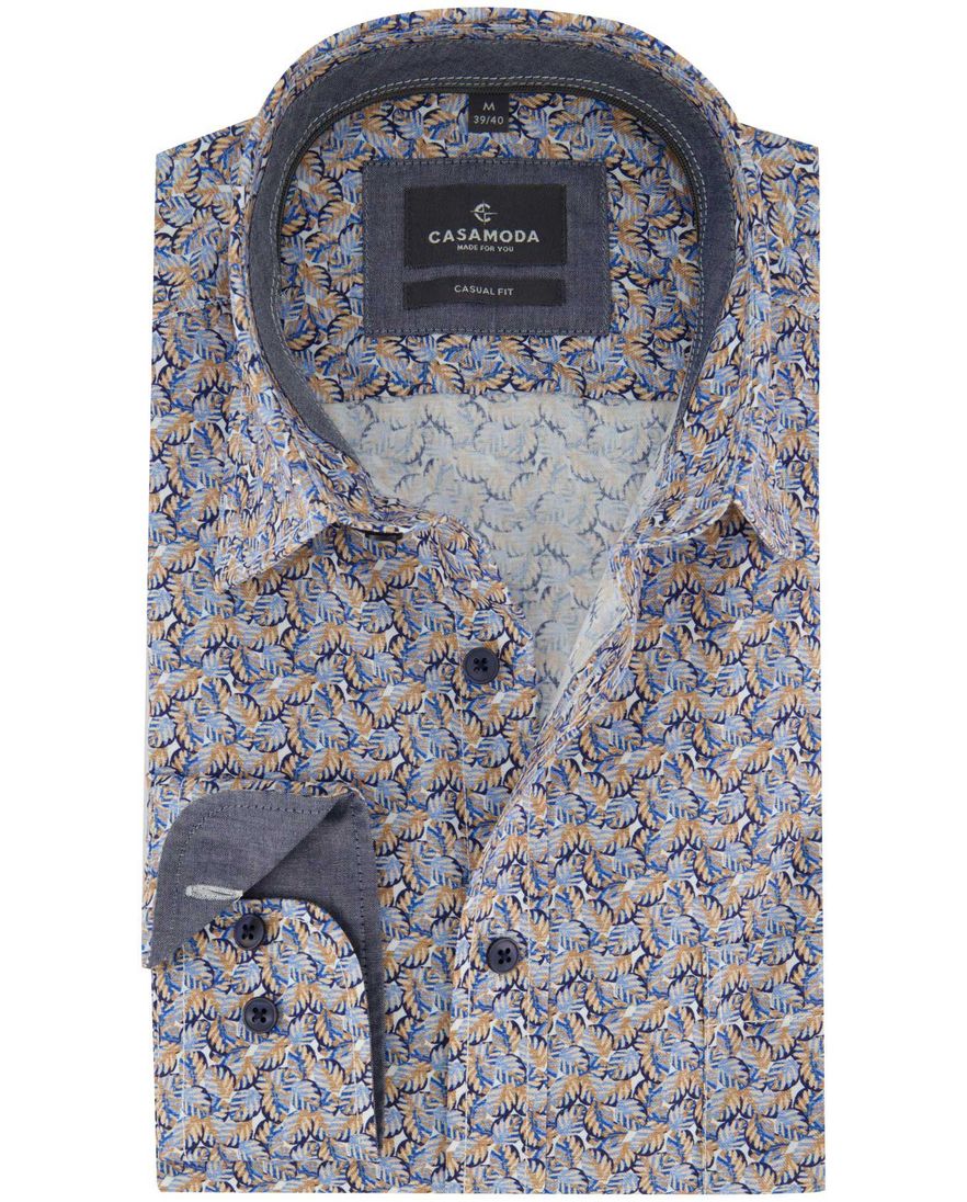 Casa Moda Casual fit Overhemd blauw bruin geprint semi-wide collar