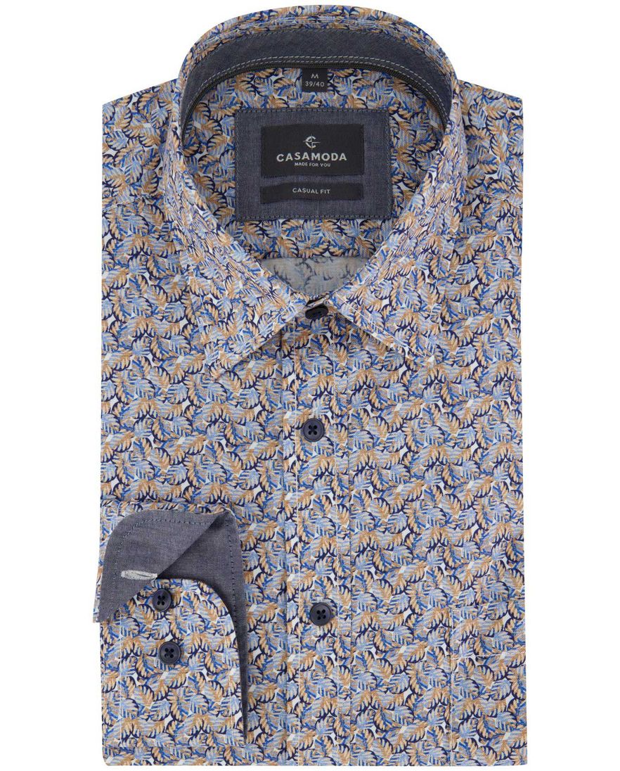 Casa Moda Casual fit Overhemd blauw bruin geprint semi-wide collar