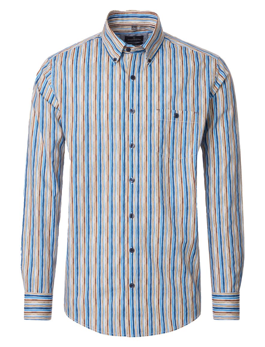 Overhemd Casa Moda Casual Fit beige blauw geprint mouwlengte 7