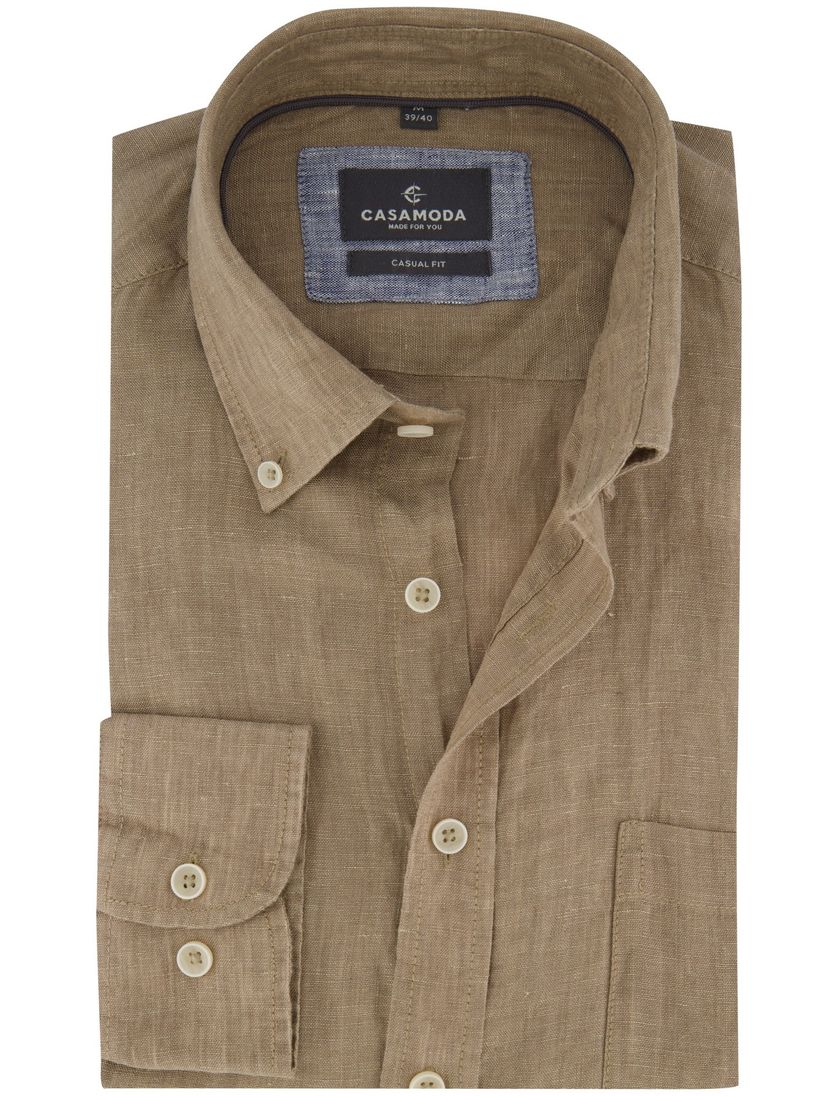 100% linnen overhemd casual fit Casa Moda bruin lange mouw witte knoop