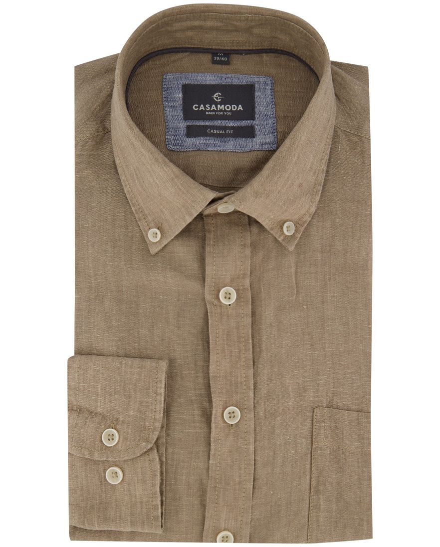 Overhemd met borstzak Casa Moda casual fit bruin met witte knopen button-down collar