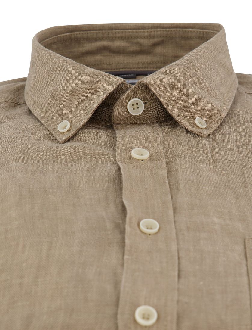 100% linnen overhemd casual fit Casa Moda bruin lange mouw witte knoop