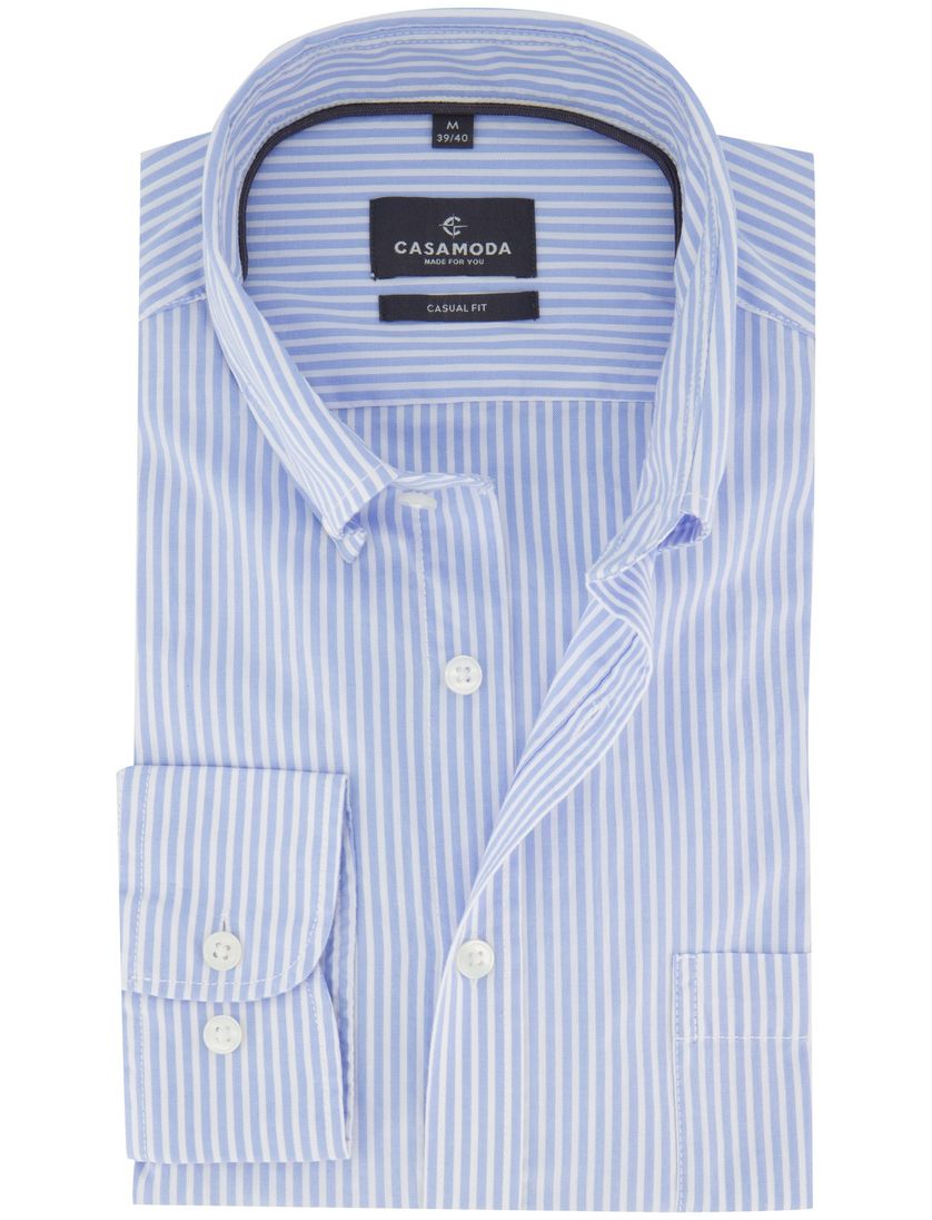 Gestreepte overhemd met borstzak Casa Moda casual fit lichtblauw witte knoop