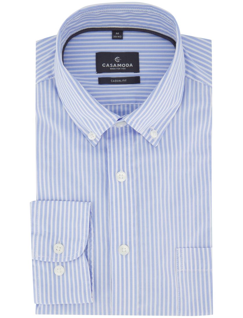 Gestreepte overhemd met borstzak Casa Moda casual fit lichtblauw witte knoop