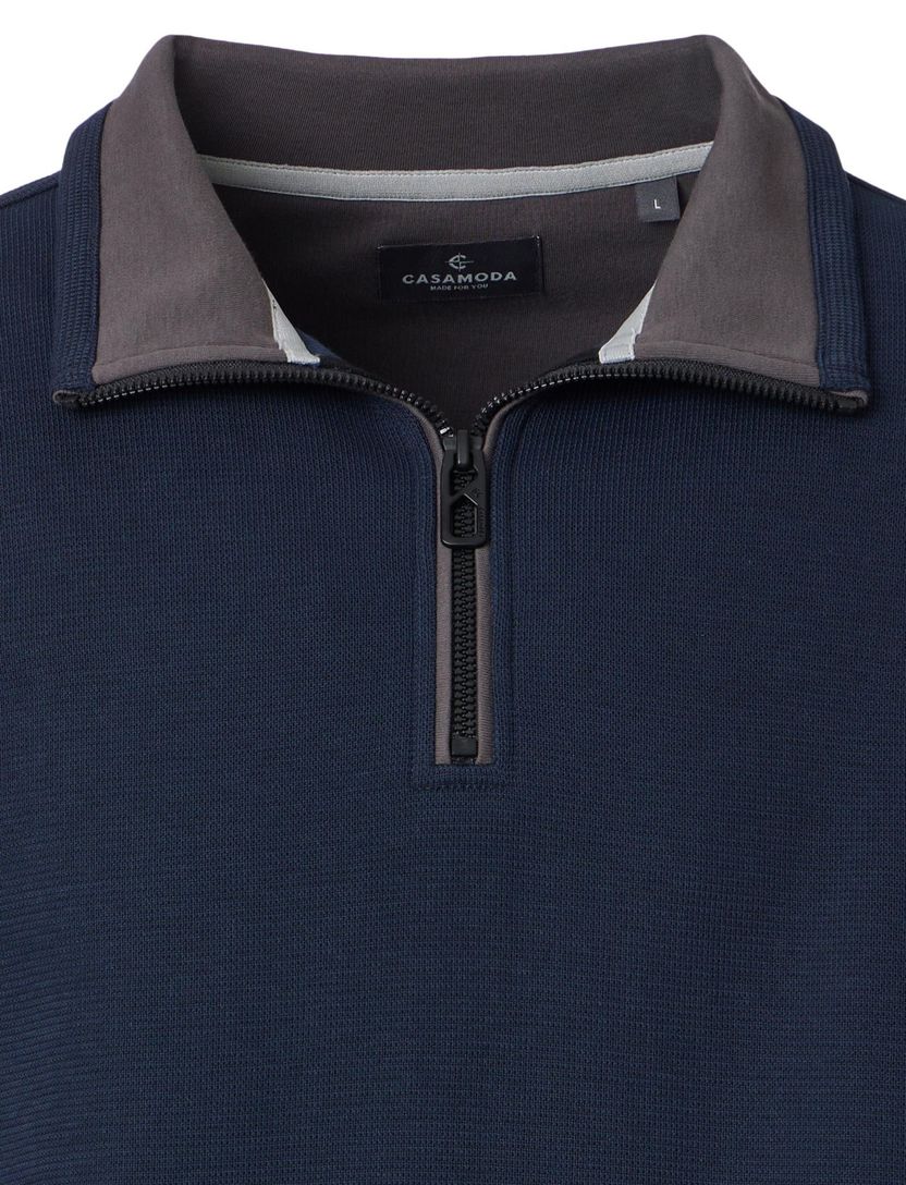 trui Casa Moda donkerblauw gebreid wijde fit half zip