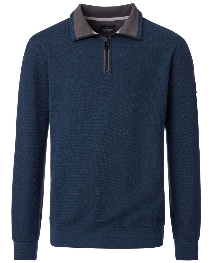 Casa Moda trui blauw gebreid half zip rits