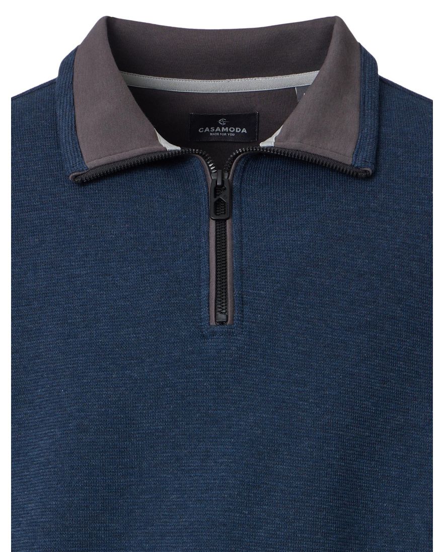 Casa Moda trui blauw gebreid half zip rits