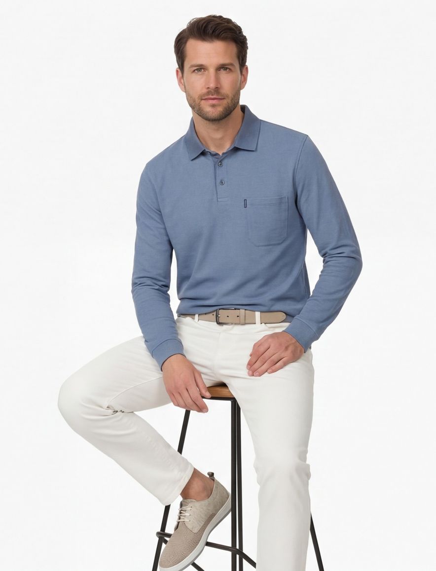 Casa Moda polo blauw 3 knoops borstzak lange mouw