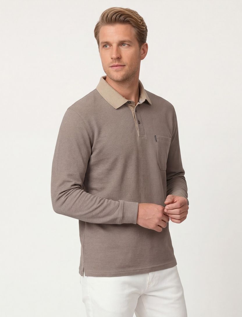 polo 3 knoops met borstzak Casa Moda bruin effen katoen