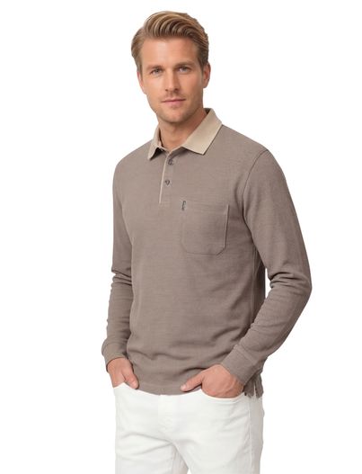 Casa Moda polo 3 knoops met borstzak Casa Moda bruin effen katoen