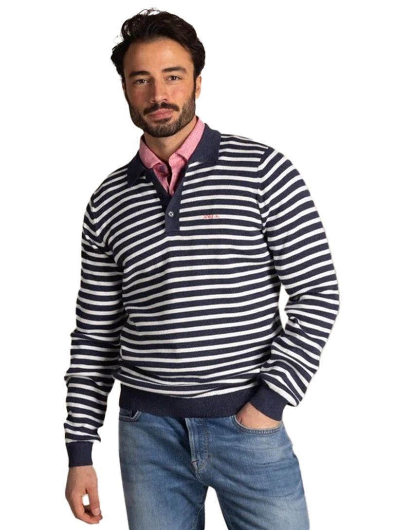 Poloshirt New Zealand donkerblauw normale fit gestreept 2 knoops