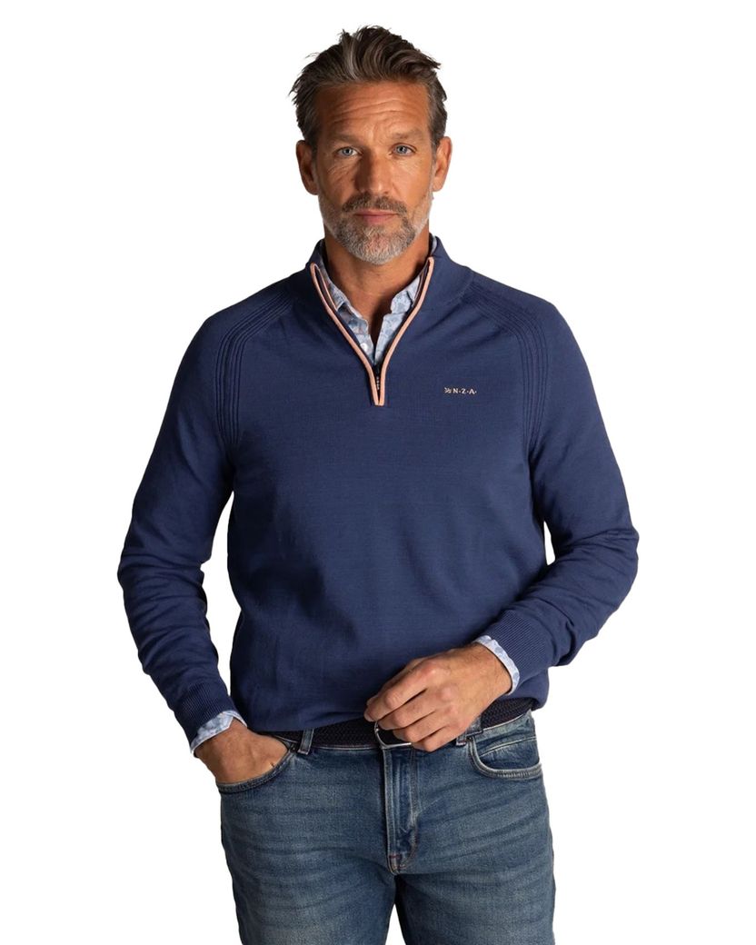 Trui New Zealand blauw half zip normale fit structuur