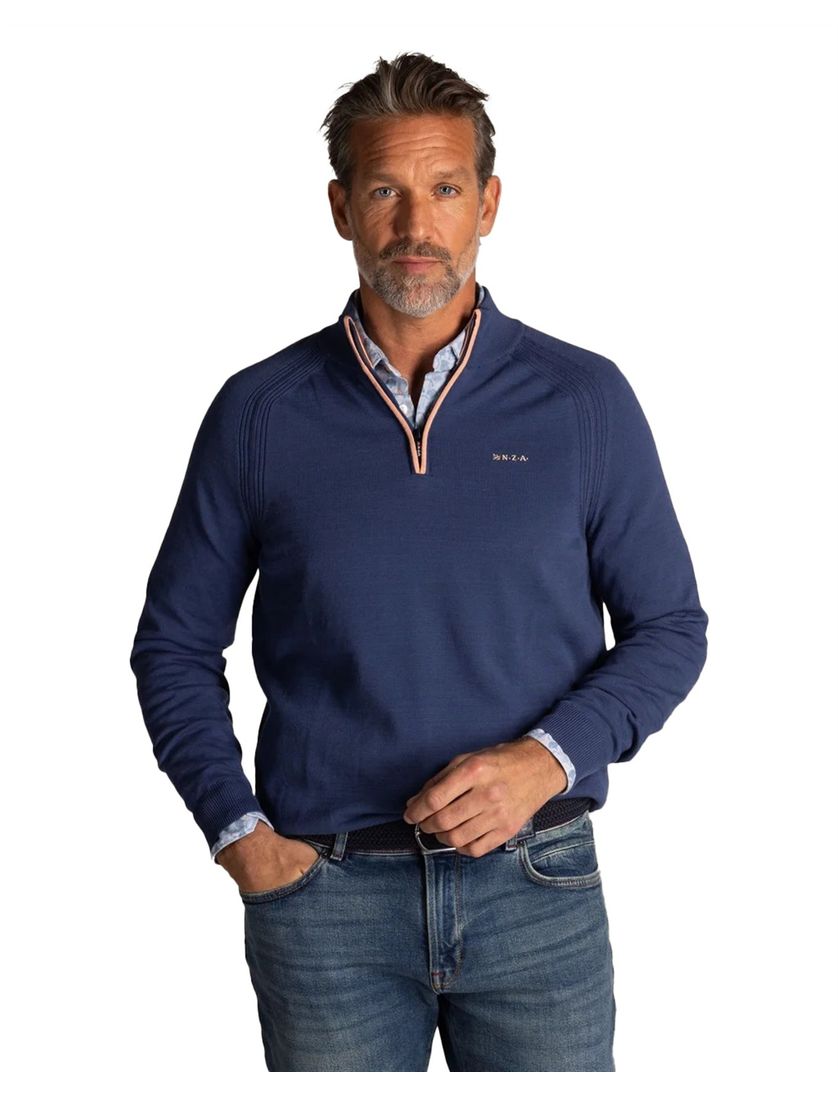Trui New Zealand blauw half zip normale fit structuur