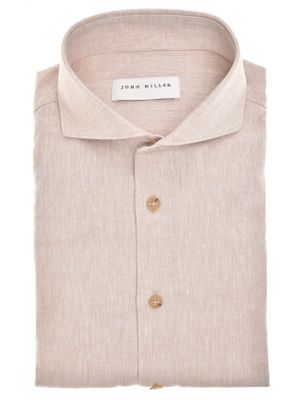 John Miller Overhemd beige John Miller Tailored fit linnen gemeleerd