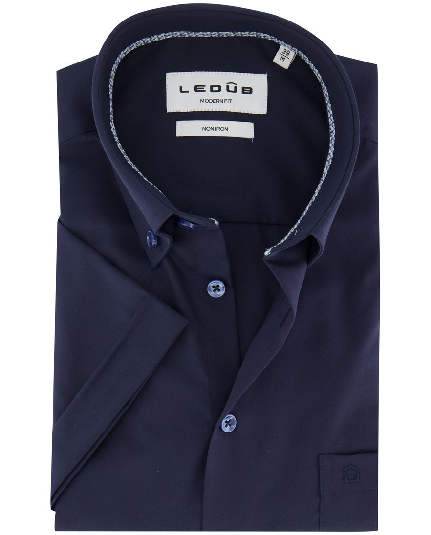 Overhemd navy Ledub modern fit korte mouw donkerblauwe knopen