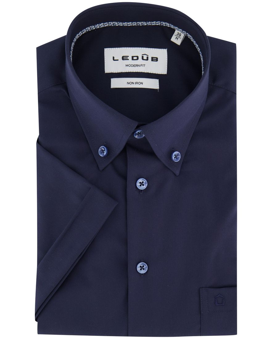Overhemd navy Ledub modern fit korte mouw donkerblauwe knopen