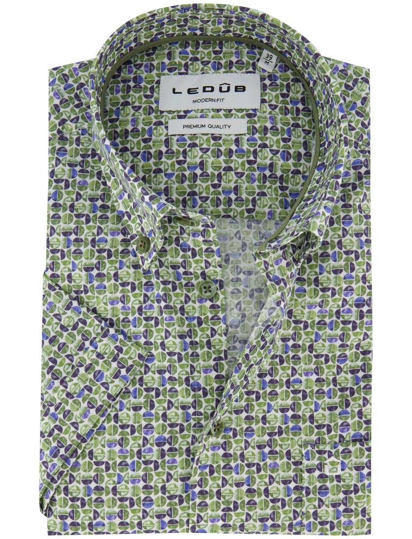 Korte mouw overhemd Ledub groen print modern fit semi-wide collar