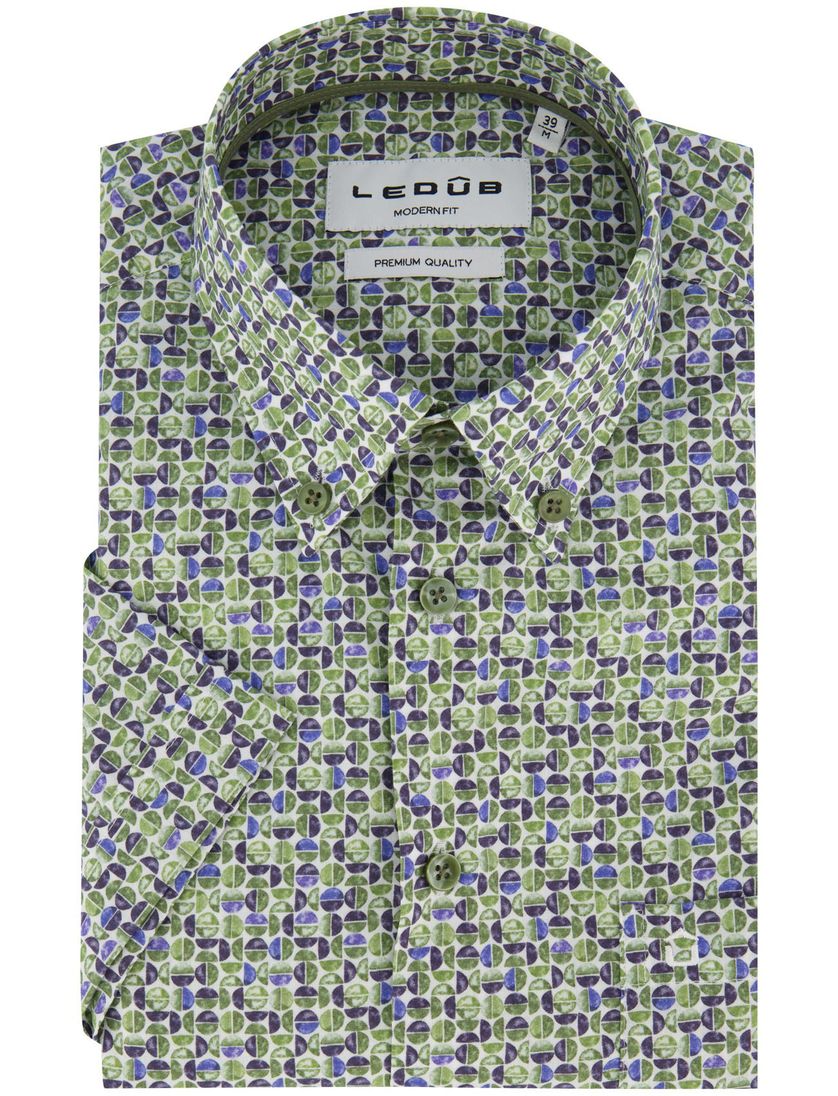 Korte mouw overhemd Ledub groen print modern fit semi-wide collar
