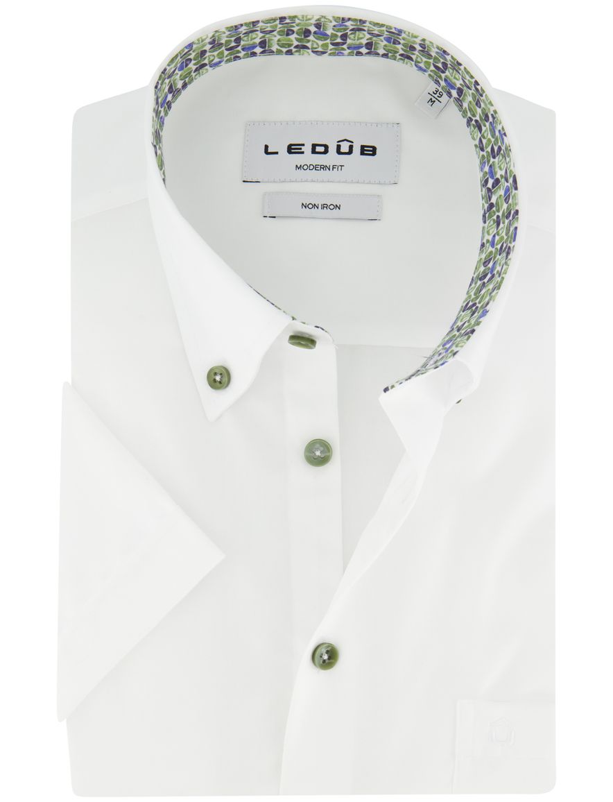 Overhemd Ledub Modern Fit korte mouw wit katoen strijkvrij