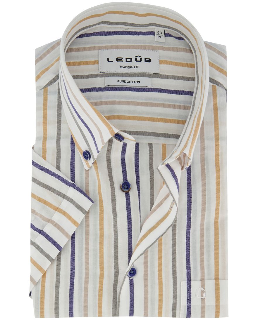 Overhemd gestreept wit Ledub modern fit korte mouw pure cotton