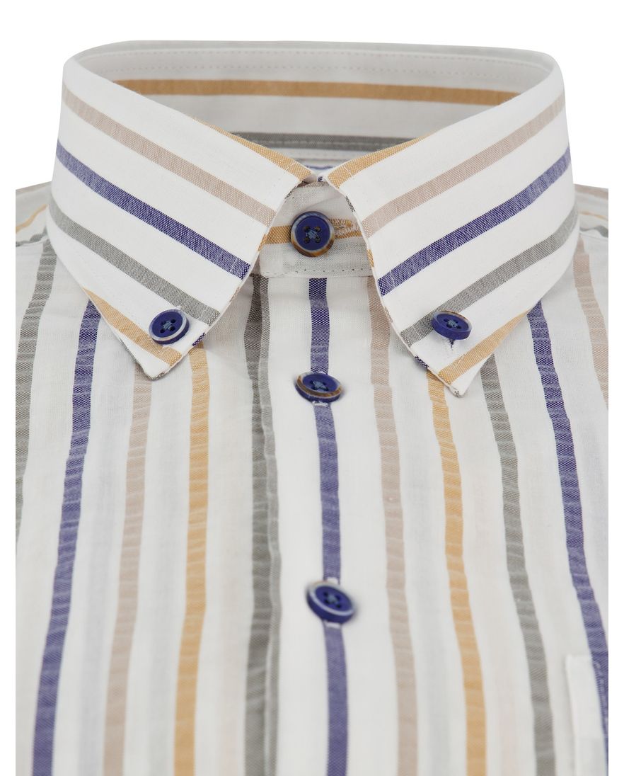 Overhemd gestreept wit Ledub modern fit korte mouw pure cotton